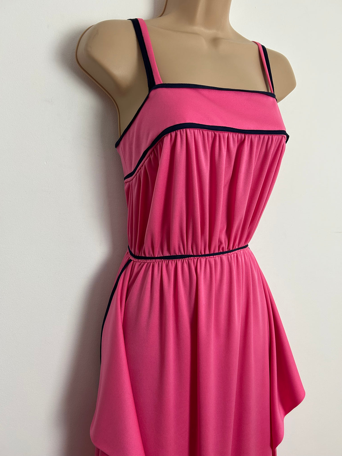 Vintage 1970s Size 6 Candy Pink & Navy Blue Trim Strappy Drape Sides Maxi Dress