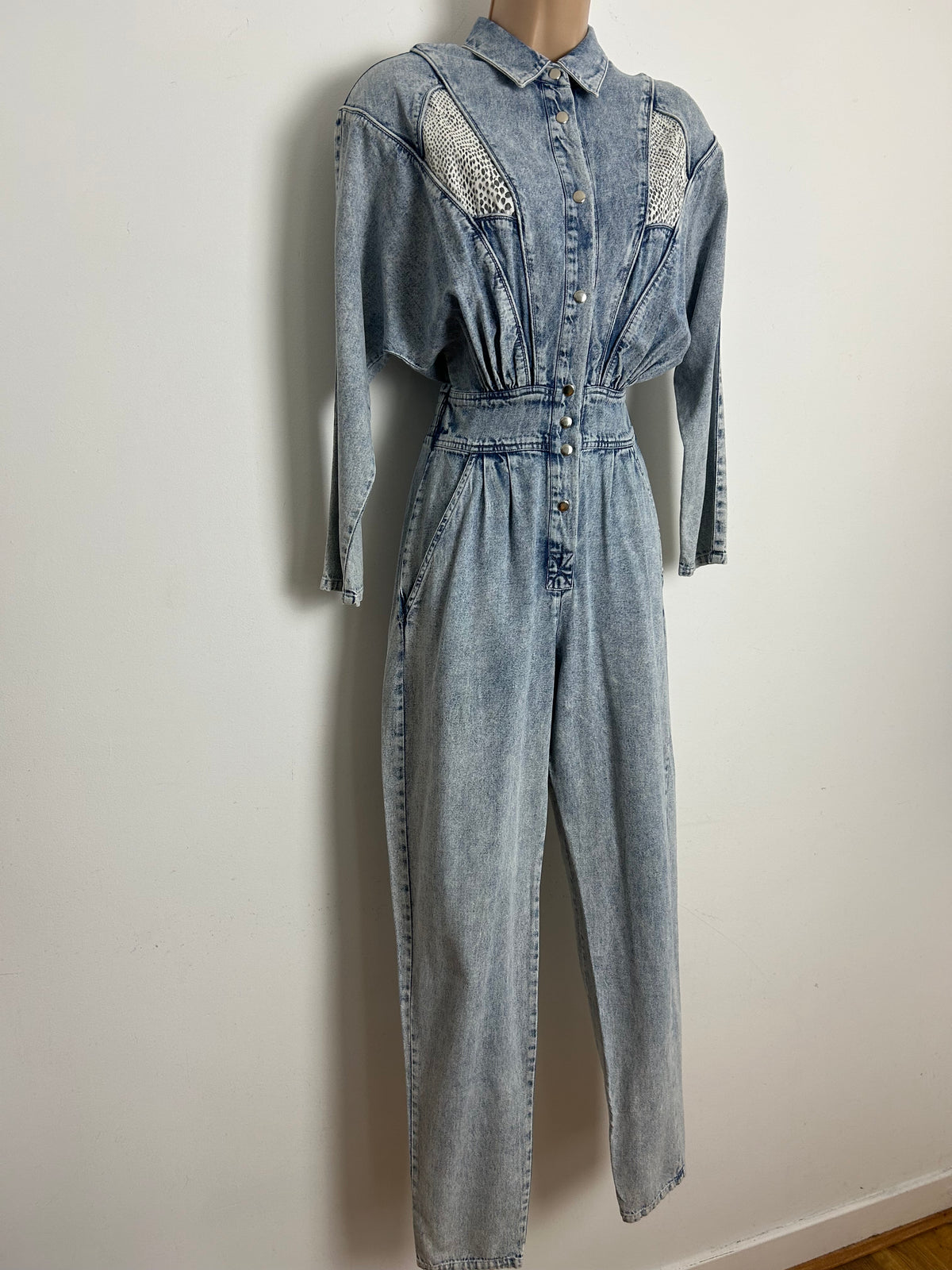 Vintage 1980s AVON FASHIONS Size 8-10 Acid Wash Denim & Snake Print Panels Tapered Leg Jumpsuit