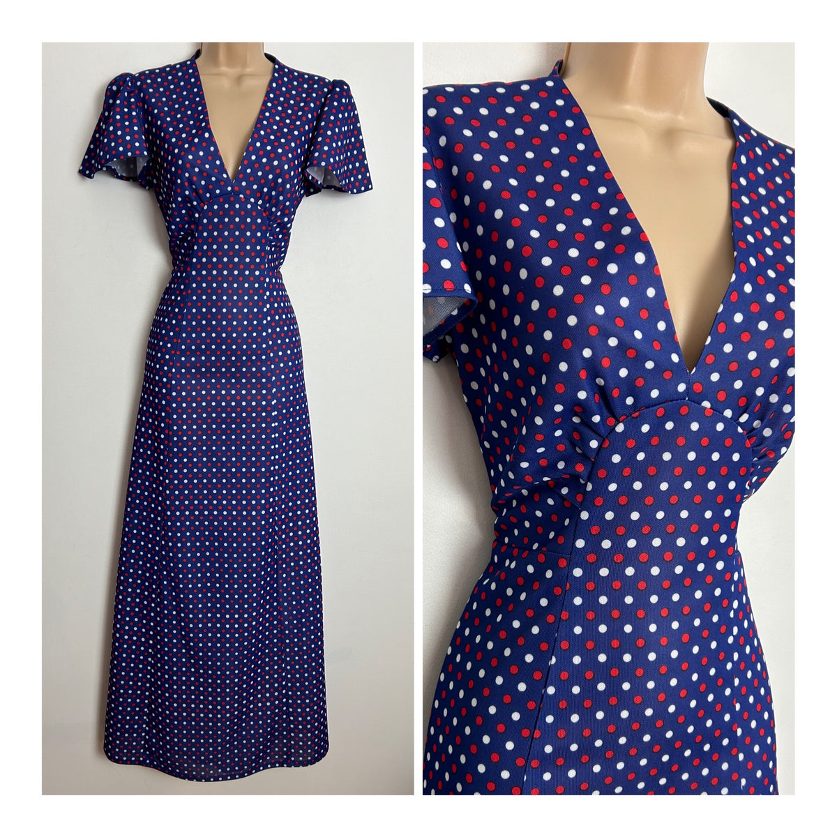 Vintage 1970s UK Size 8 Cute Blue Red & White Polka Dot Short Sleeve Maxi Dress