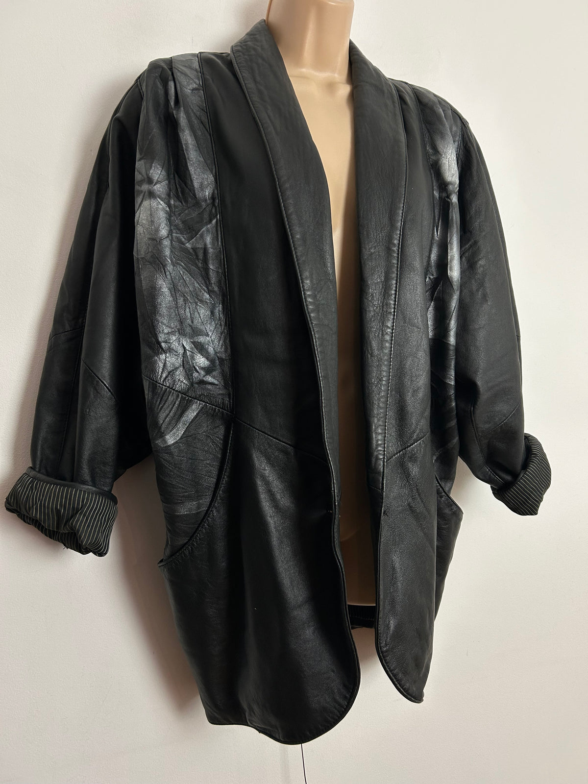 Vintage 1980s CABRINI Up To Size 14 Black & Silver Pattern Open Fronted Leather Jacket