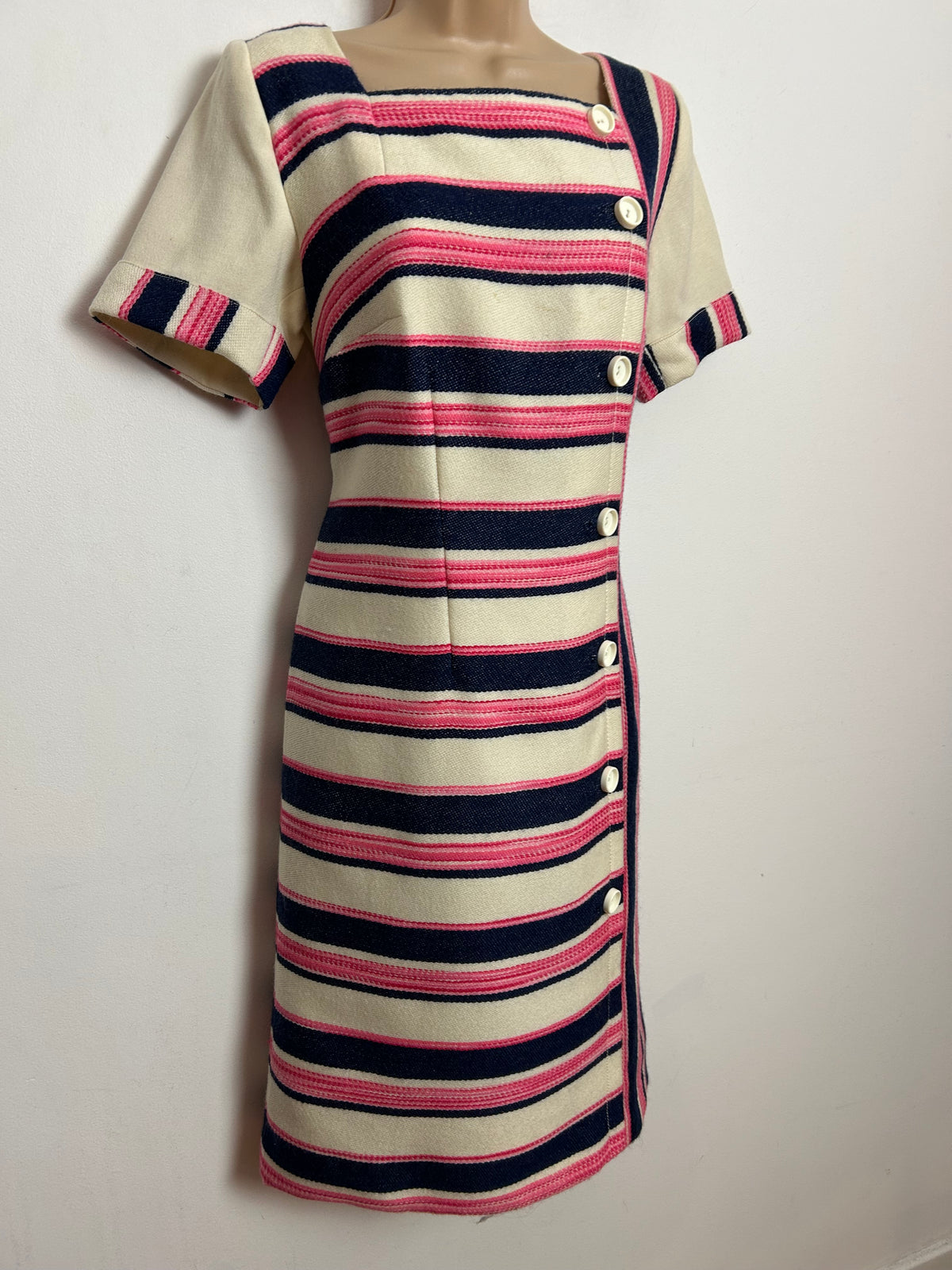 Vintage 1960s CREATION ELEGANCE PARIS UK Size 10-12 Cream Navy Blue & Pink Stripe Pure New Wool Mod Shift Dress