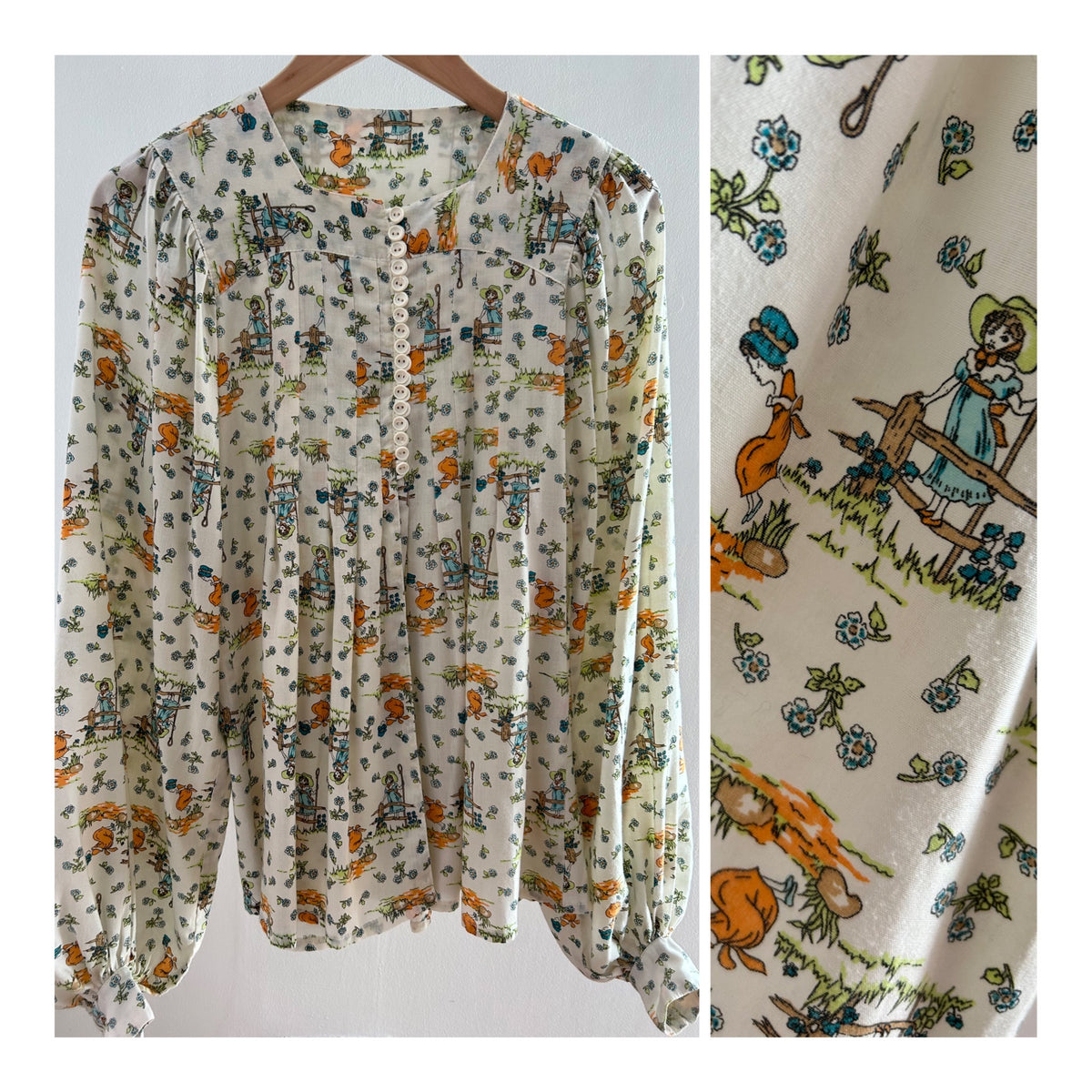 Vintage 1970s ALAN GILBEY UK Size 6-8 Cream Novelty Print Long Sleeve Pleated Smock Style Top