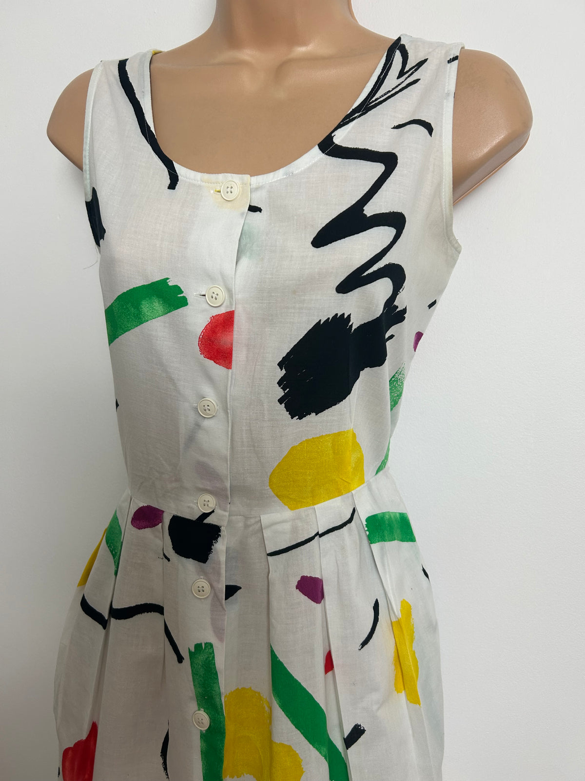 Vintage 1980s CACHAREL Size 8 White Multicolour Abstract Print Pleated Cotton Summer Dress