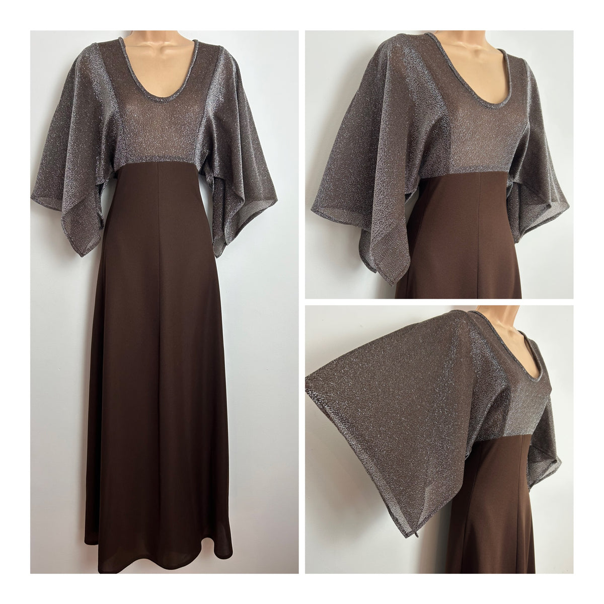 Vintage 1970s Size 10 Brown & Silver Lurex Cape Sleeve Boho Occasion Evening Maxi Dress