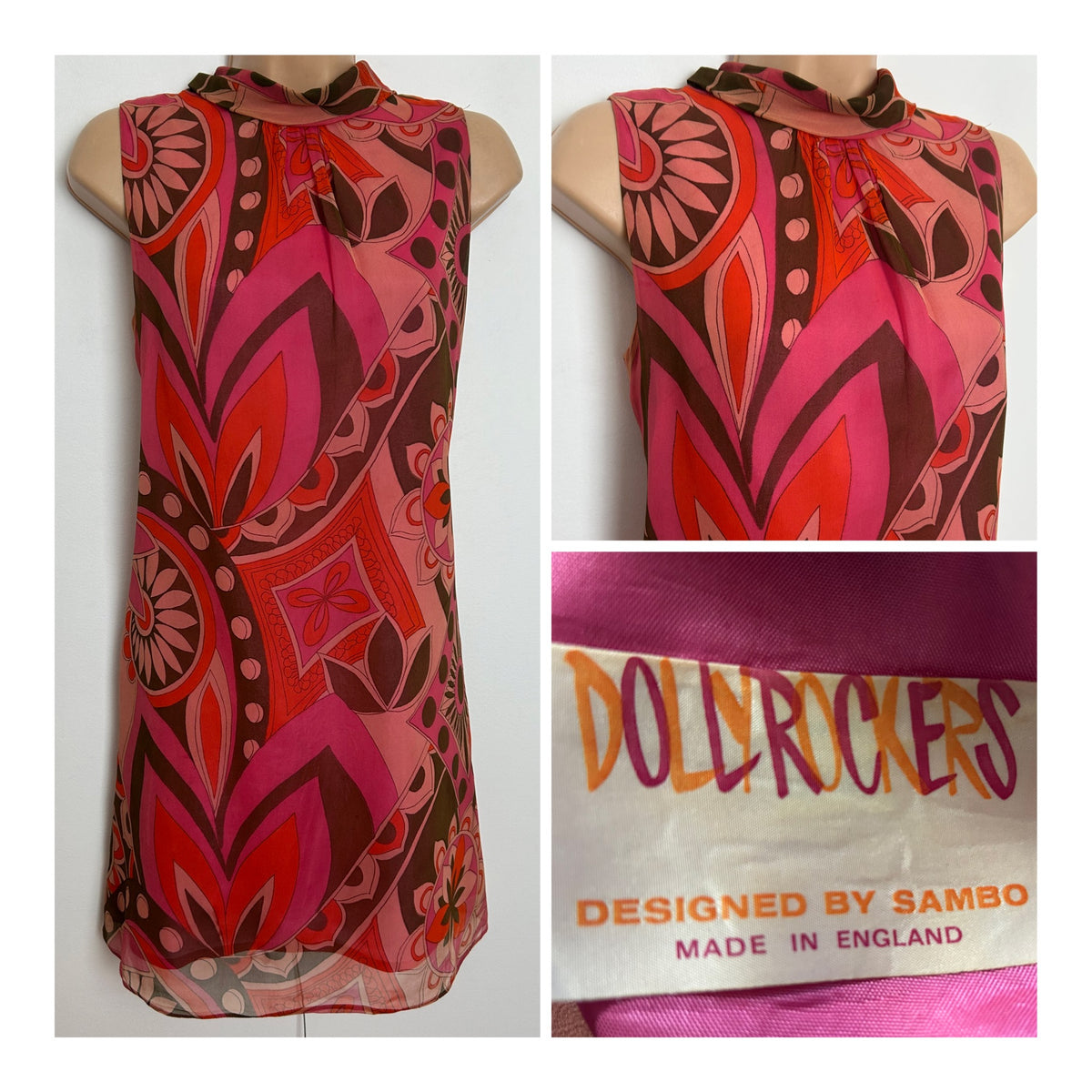 Vintage 1960s DOLLYROCKERS Size 8 Red Pink & Brown Psychedelic Abstract Print Mini Shift Dress