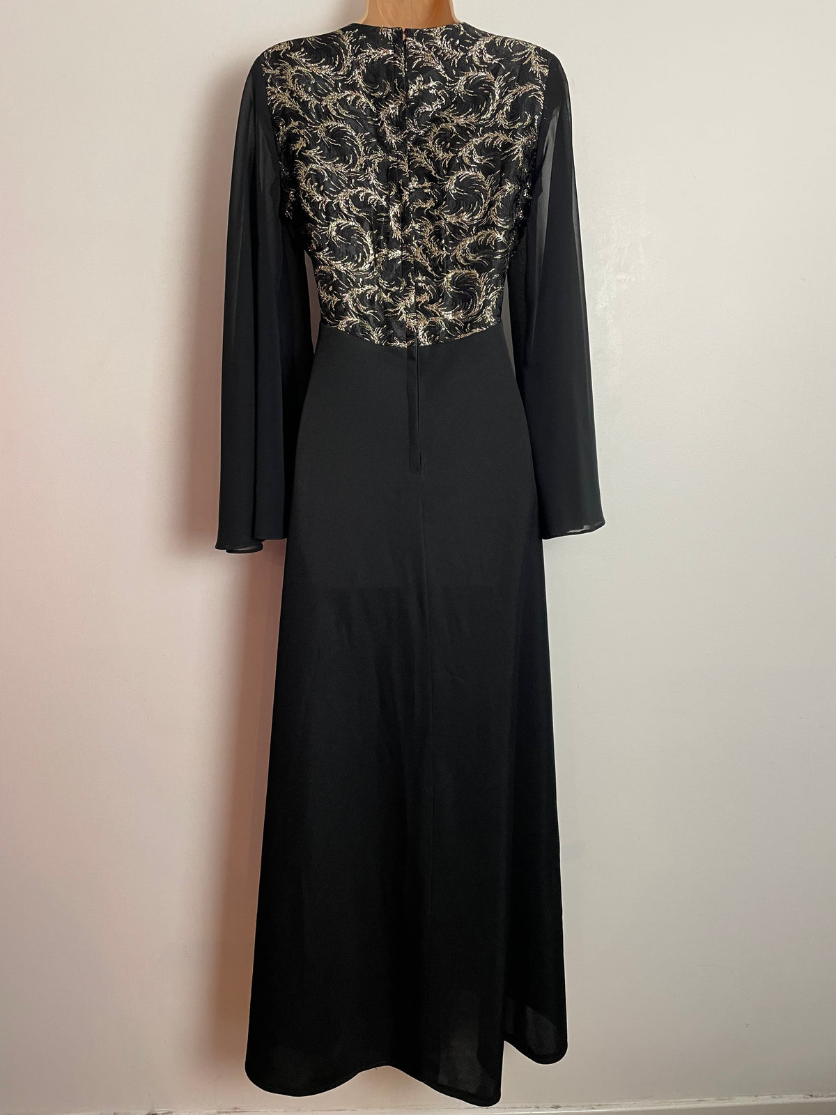 Vintage 1970s UK Size 8 Black & Metallic Gold Flared Sleeve Xmas Party Occasion Evening Maxi Dress