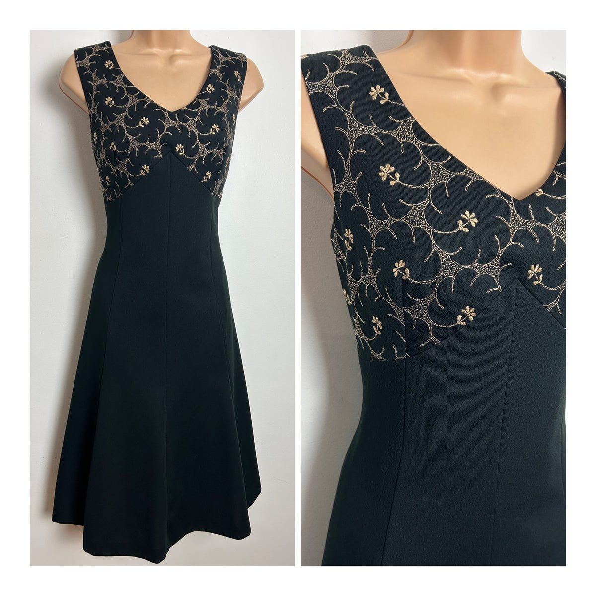 Vintage 1970s Size 10 Black & Metallic Gold Embroidered Detail Xmas Party Shift Dress