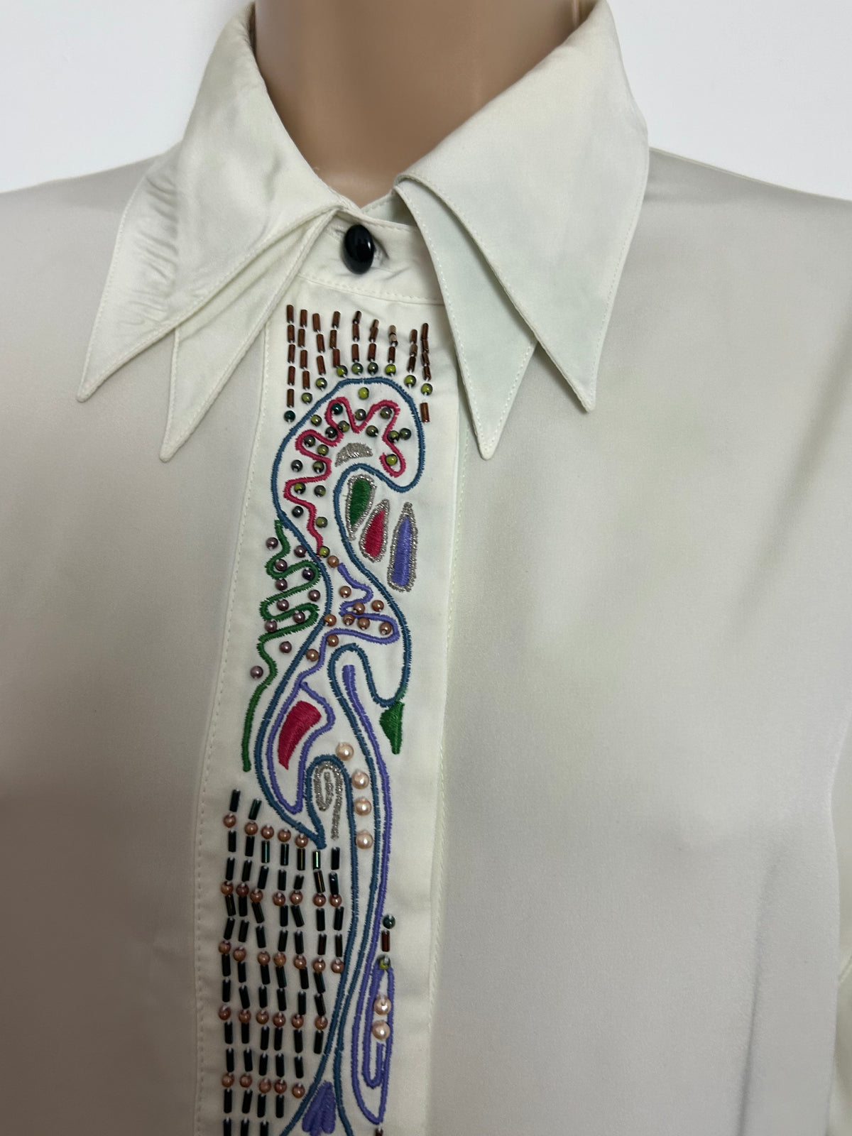 Vintage 1980s Size 12 Off White Double Collared Bead & Embroidered Placket Detail Shirt/Blouse