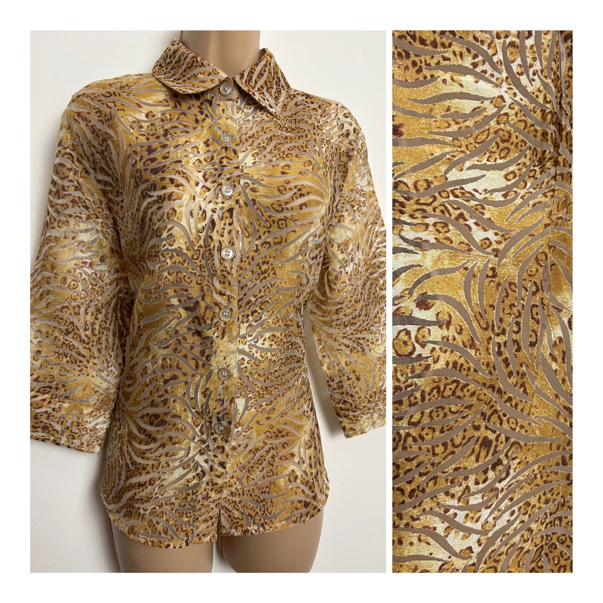 Vintage 1990s DRAPERS & DAMONS Size 10-12 Leopard Animal Print Burn Out Shirt