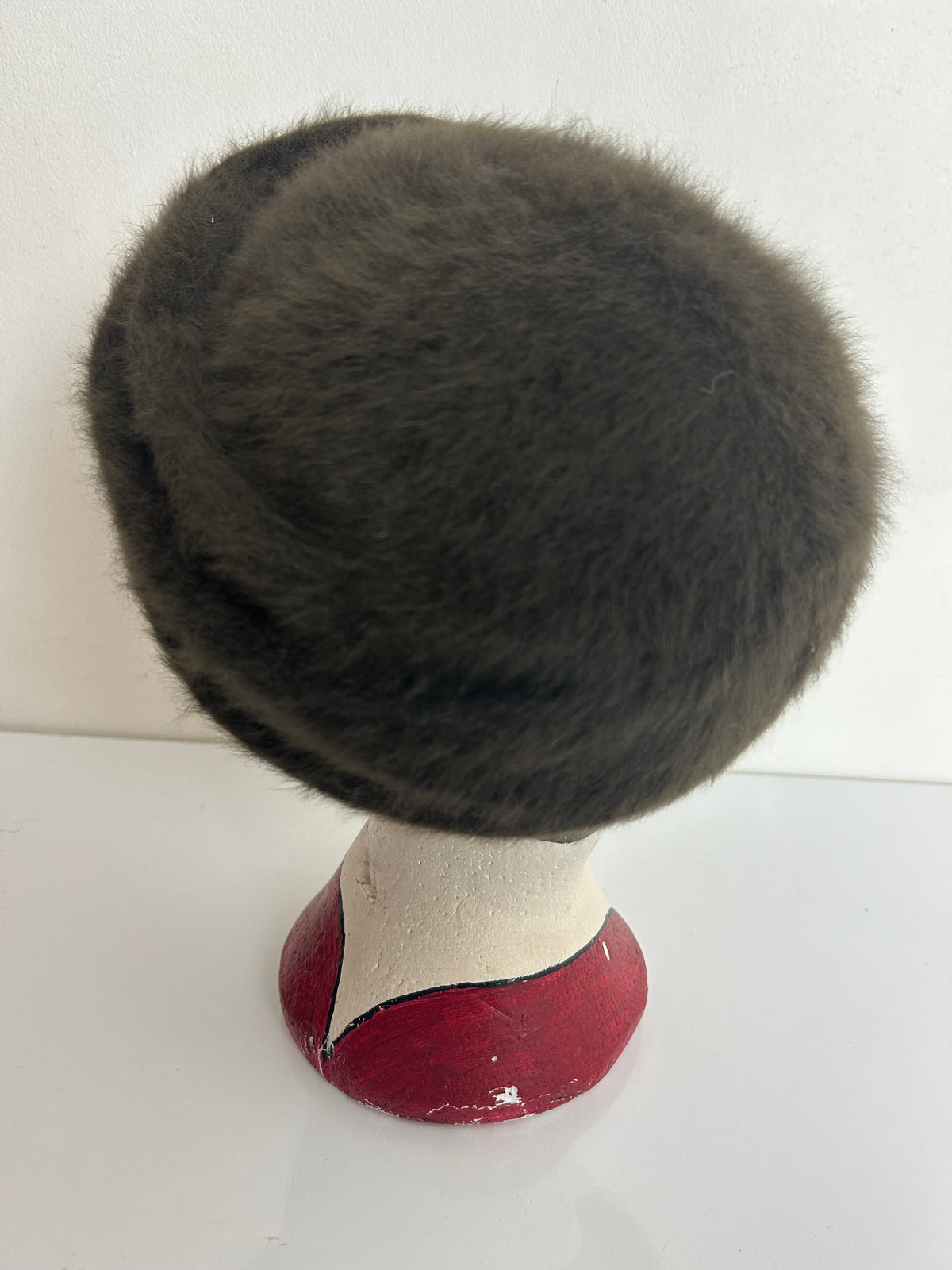 Vintage 1960s Moss Green Angora Mix Pill Box Style Hat