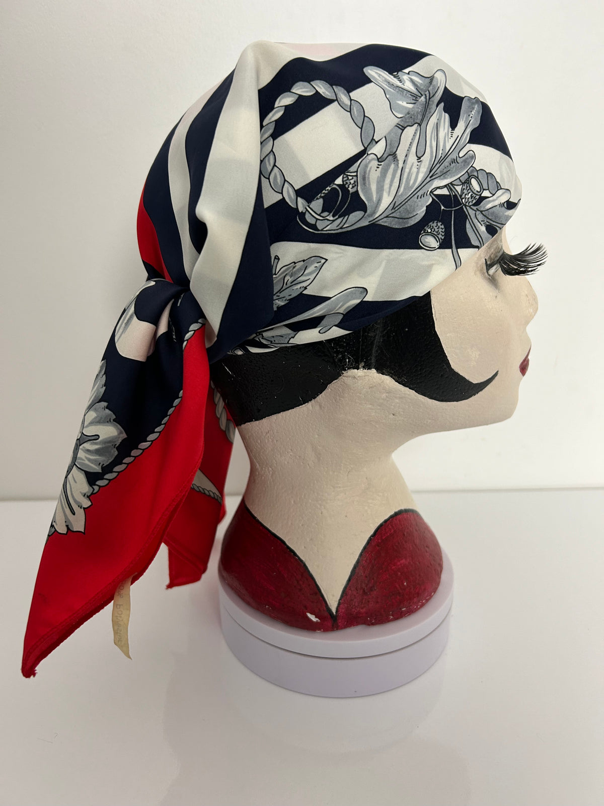 Vintage Red Navy Blue White & Grey Floral Wreath & Rope Print Scarf 70cm x 70cm
