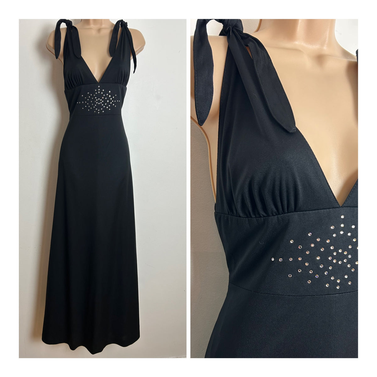 Vintage 1970s Size 8 Black Plunge Neck Tie Shouder Diamante Detail Evening Maxi Dress