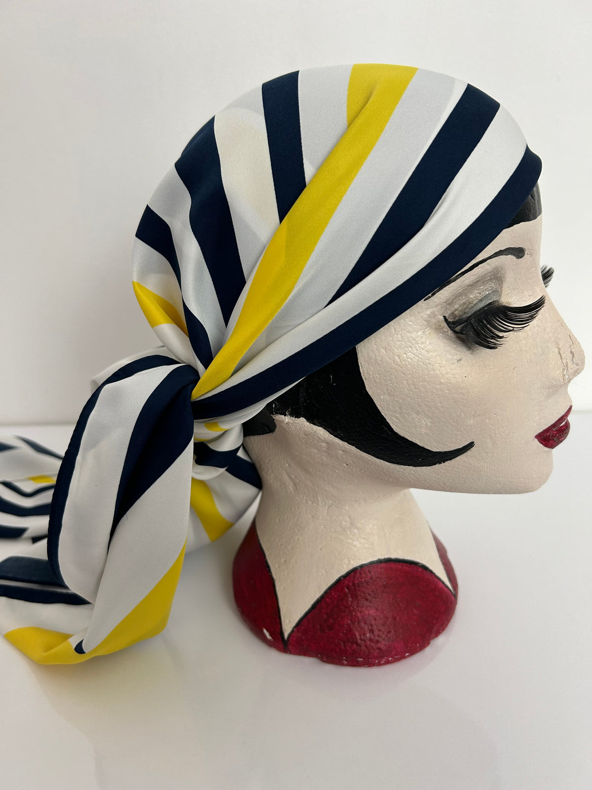 Vintage ROMANO White Navy Blue & Yellow Stripe Print Polyester Scarf 88cm x 92cm