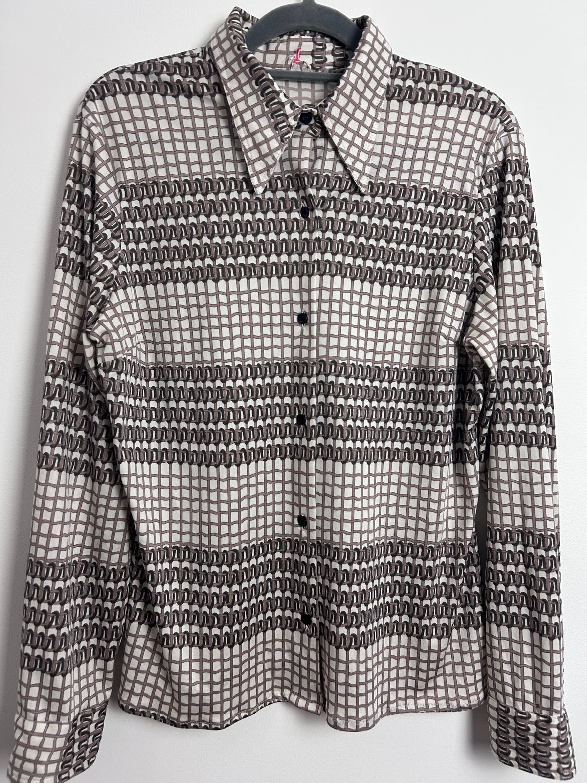 Vintage 1970s Size 12 White Mocha Brown Woven Abstract Print Long Sleeve Shirt