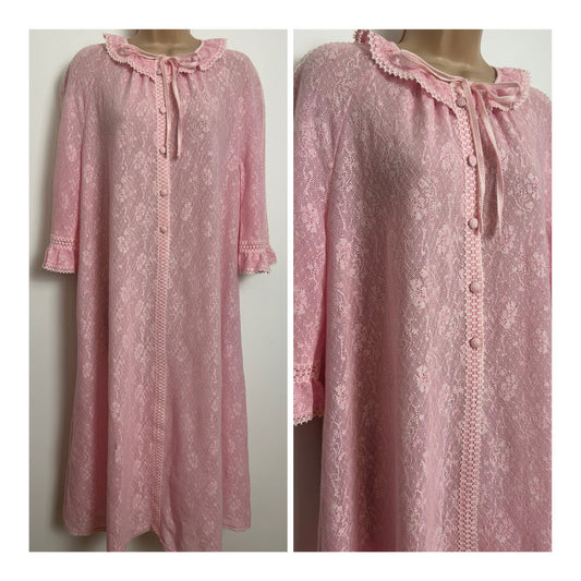 Vintage HANRO Size 16 Pink Lace Trim Midi Length House Nightie/Nightdress