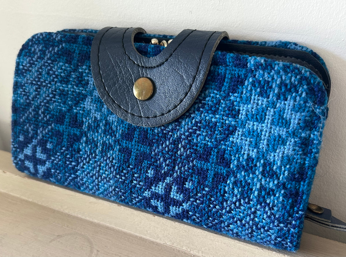 Vintage Blue Welsh Wool Tapestry Large Purse With Wrist Strap