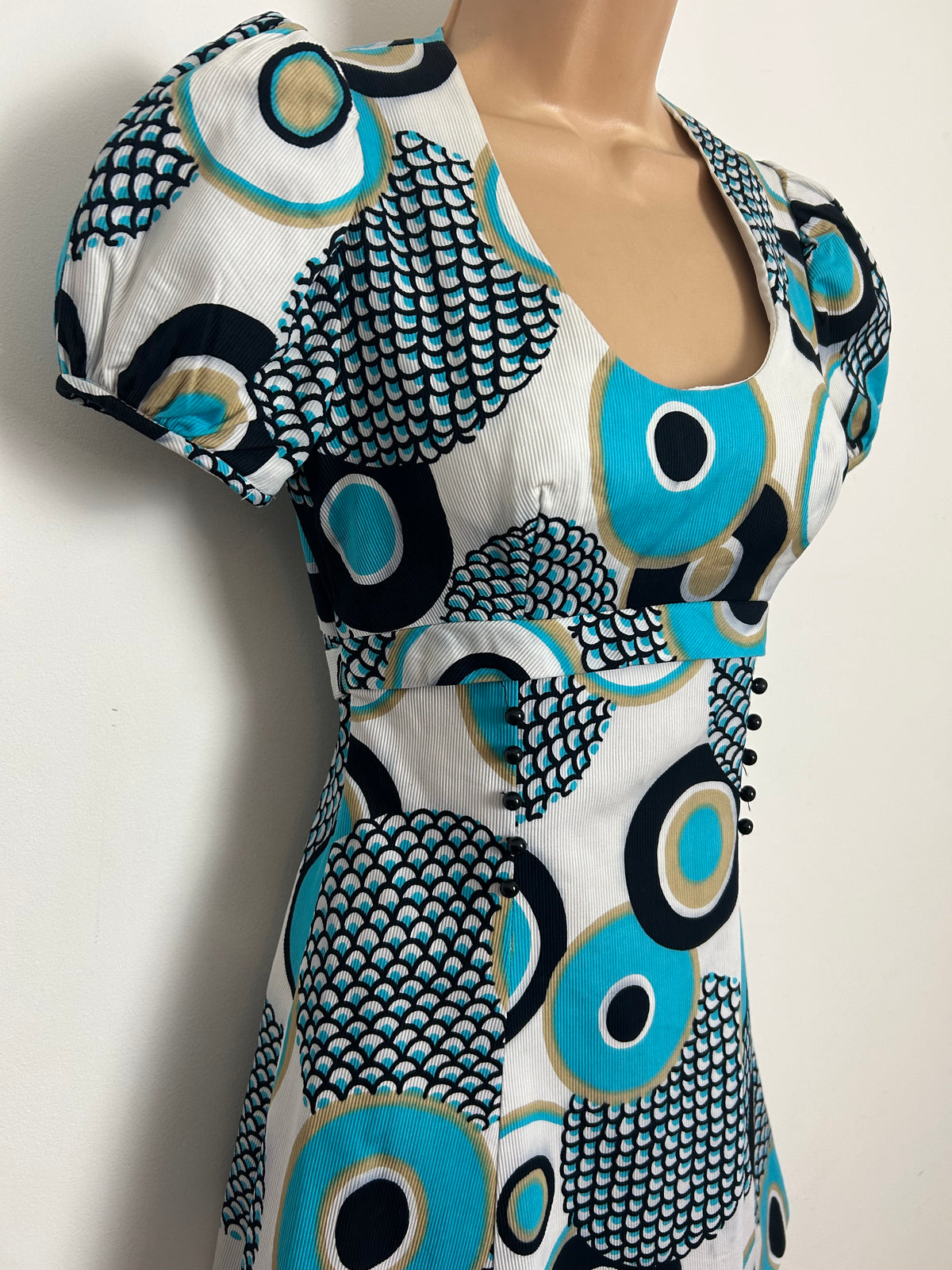 Vintage 1960s CANDA INTERNATIONAL Size 6 White Black Turquoise & Mocha Abstract Print Mini Mod Dress