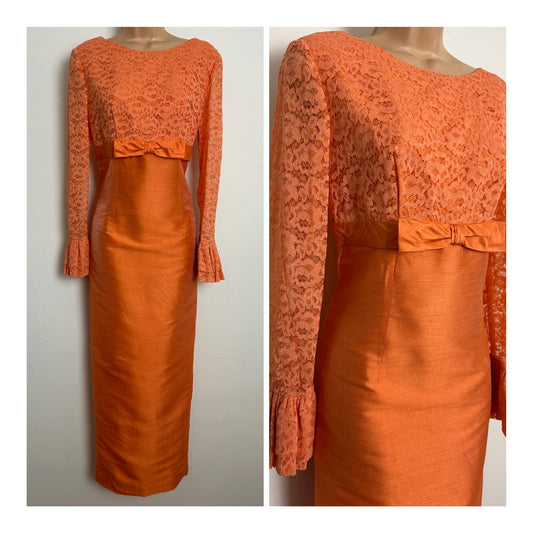 Vintage 1960s Beautiful Size 10-12 Orange Lace Bow Detail Special Occasion Maxi Dress