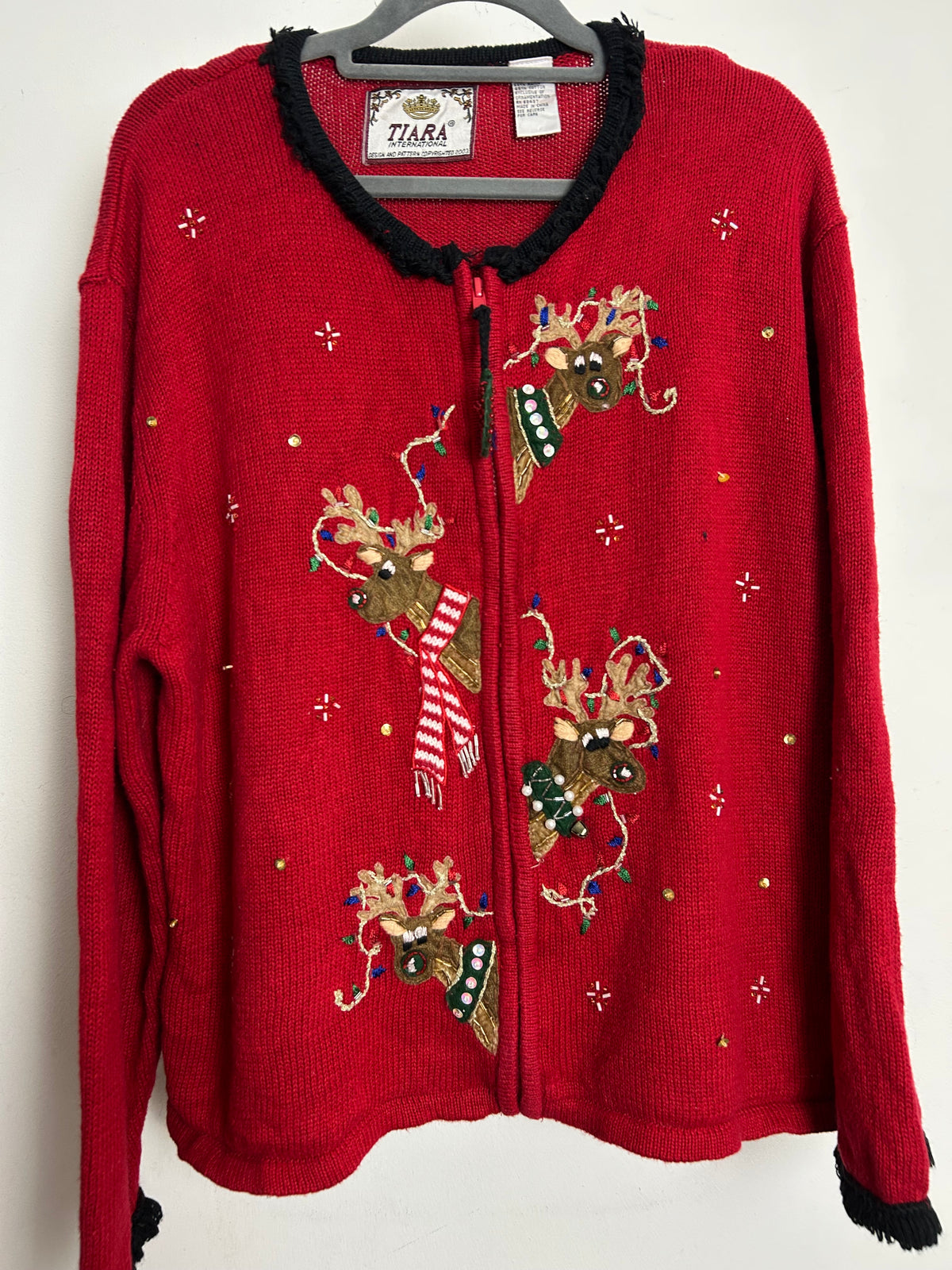 Vintage Y2K TIARA INTERNATIONAL Size XL Up to Size 16 Red Embellished Christmas Reindeer Cardigan