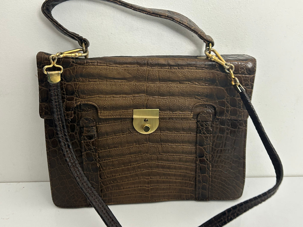 Vintage 1970s Large Brown Real Leather Mock Croc Handbag