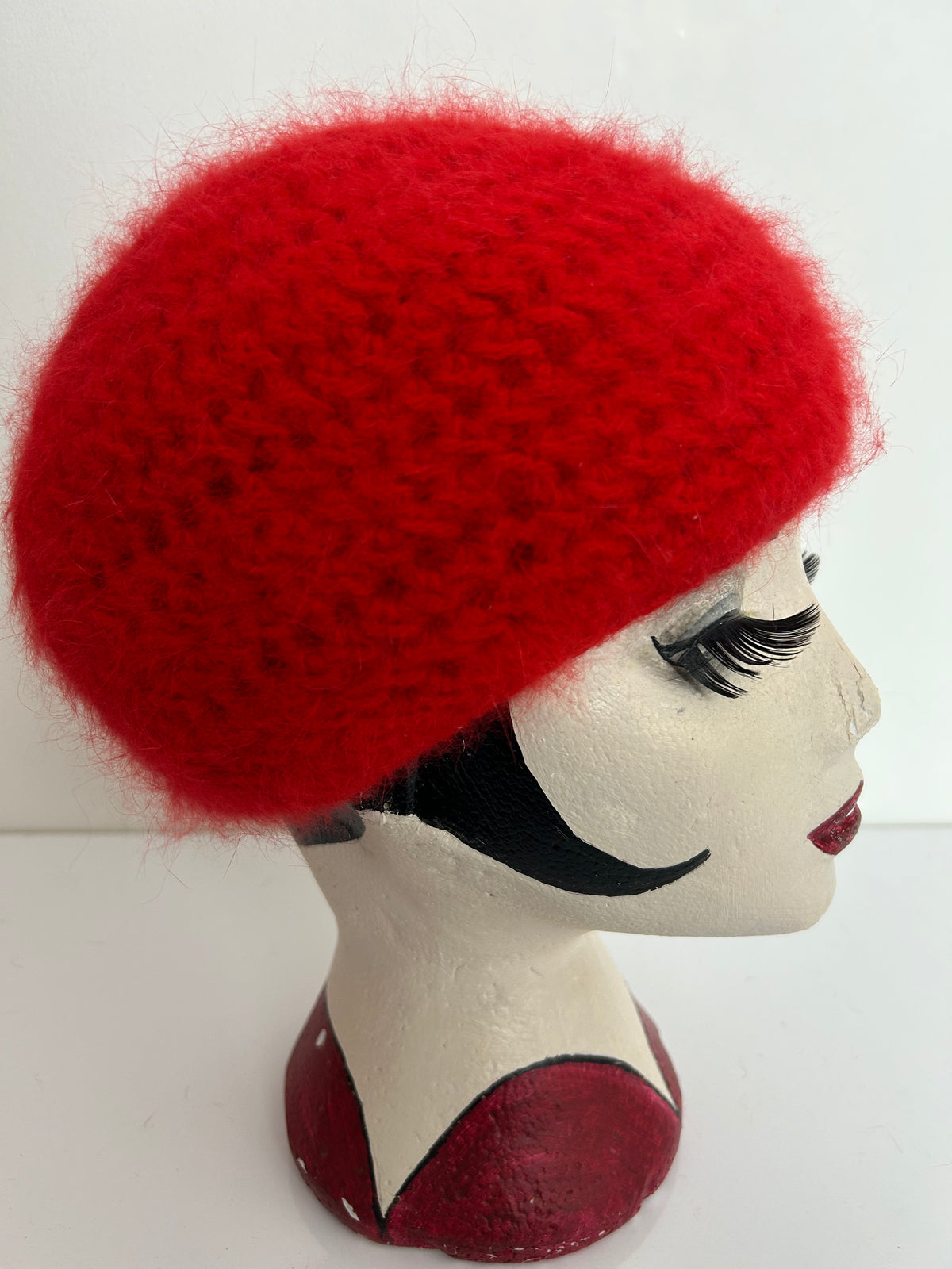 Vintage Red Wool & Angora Chunk Open Stitch Reversible Beanie Beret Style Hat
