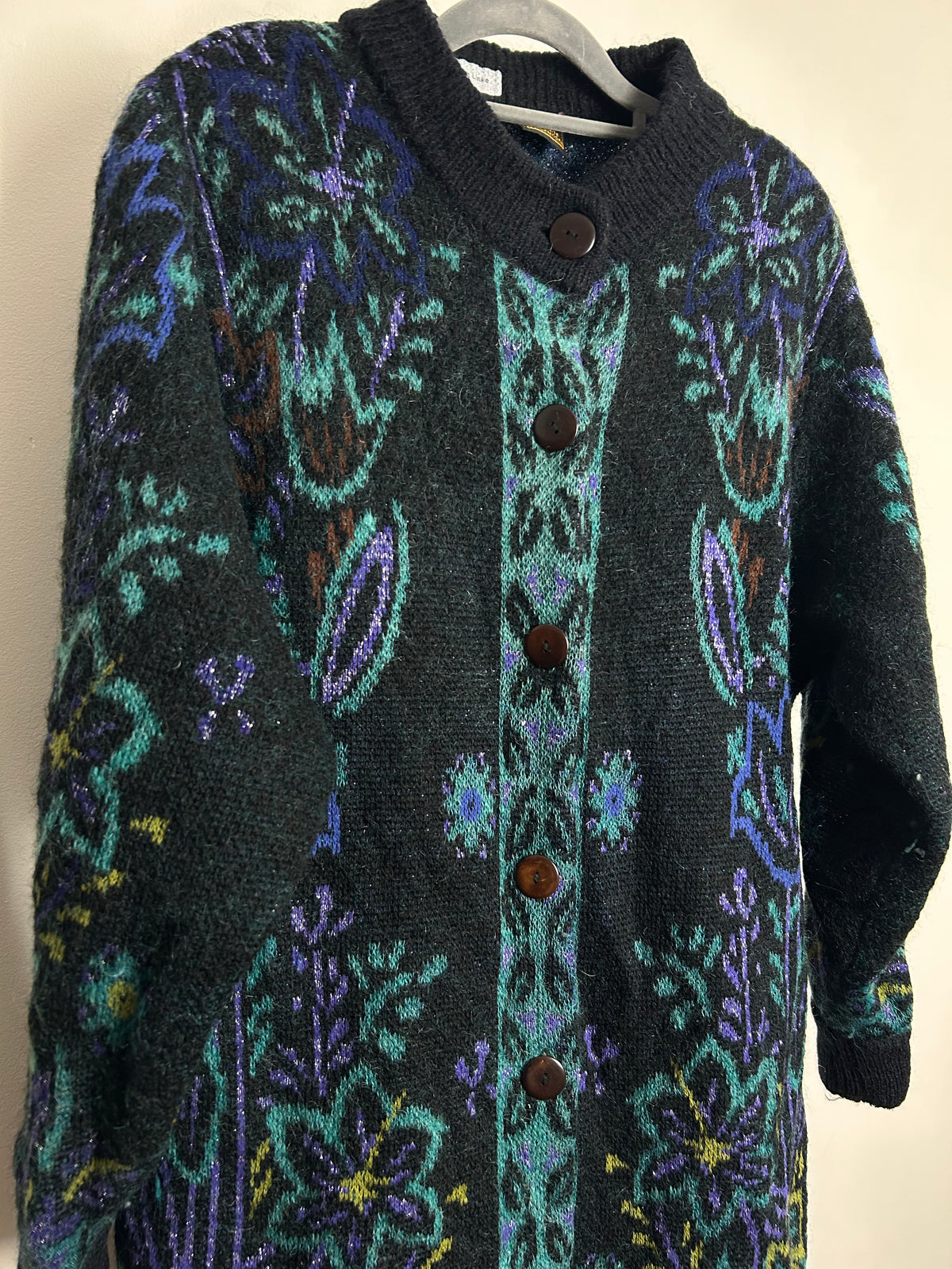 Vintage 1980s Size 12-14 Slouchy Fit Black Green & Blue Wool Mix Long Line Chunky Cardigan
