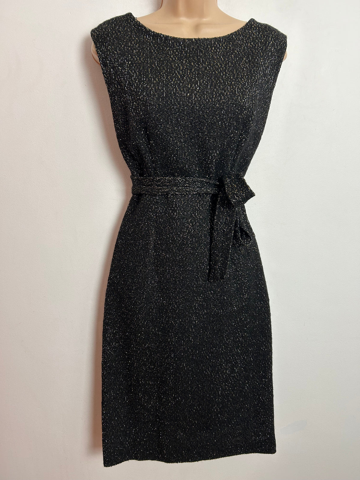 Vintage 1960s UK Size 10 Black & Metallic Thread Belted Xmas Party Dress