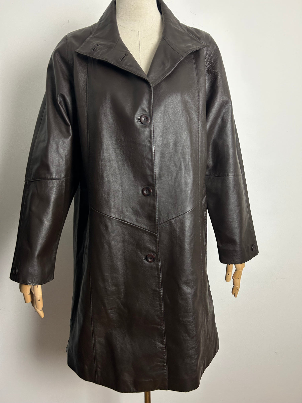 Vintage Late 1980s JULIA ROMA Size 12 Brown Leather Oversized Mid Length Coat