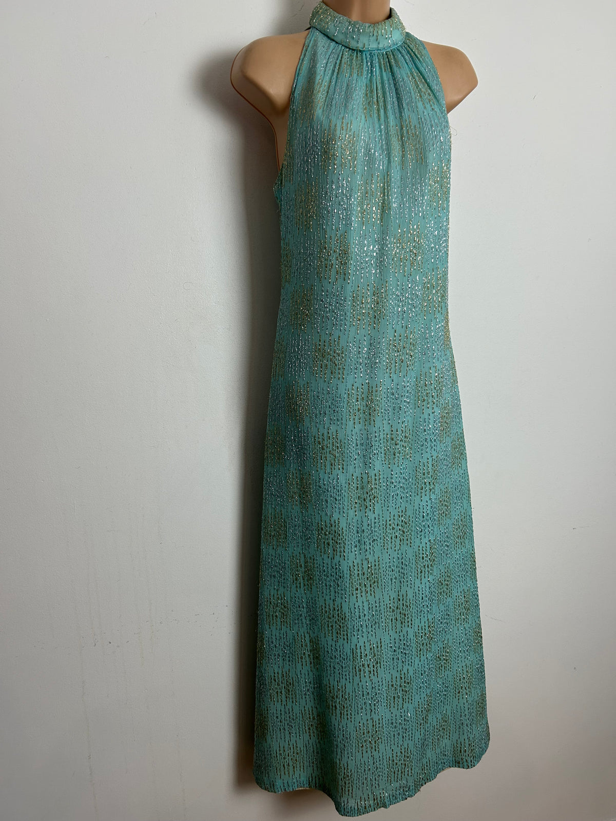 Vintage 1960s Size 8 Pale Duck Egg Blue Gold & Silver Thread Occasion Evening Maxi Dress