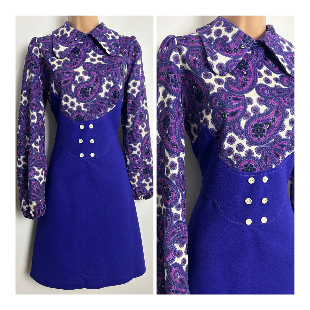 Vintage 1960s Size 12 Purple & White Paisley Print Beagle Collar Long Sleeve Mod Dress