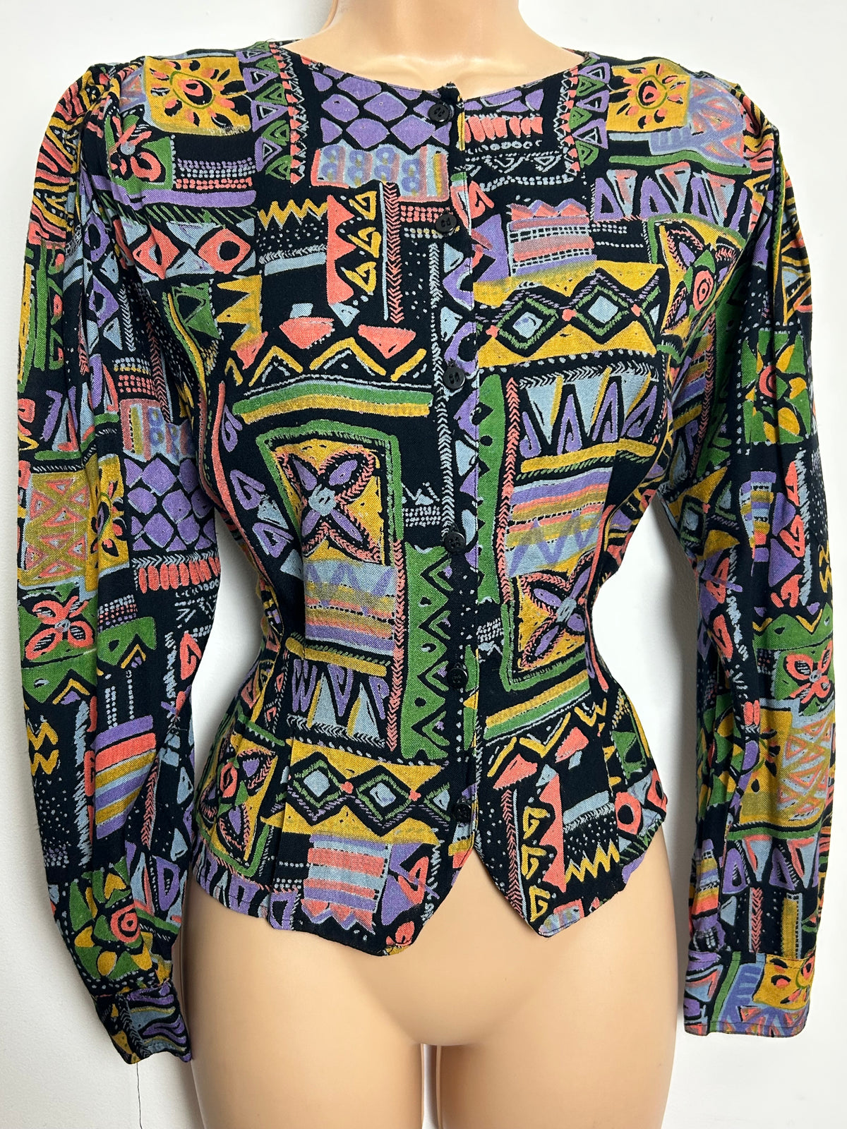 Vintage 1980s NEW FASHION Size 12 Black Multicolour Abstract Print Rayon Blouse