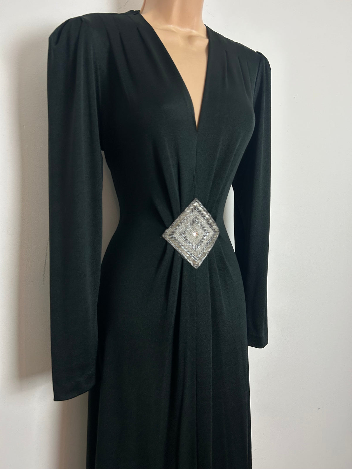 Vintage 1970s JOY STEVENS Size 12 Black Bead Embellished Long Sleeve Evening Maxi Dress