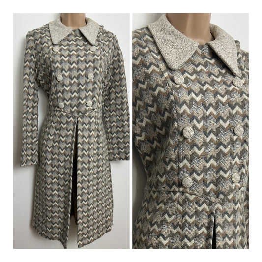 Vintage 1960s Size 12 Beige Cream & Grey Wool Zig Zag Stripe Long Sleeve Dress Jacket