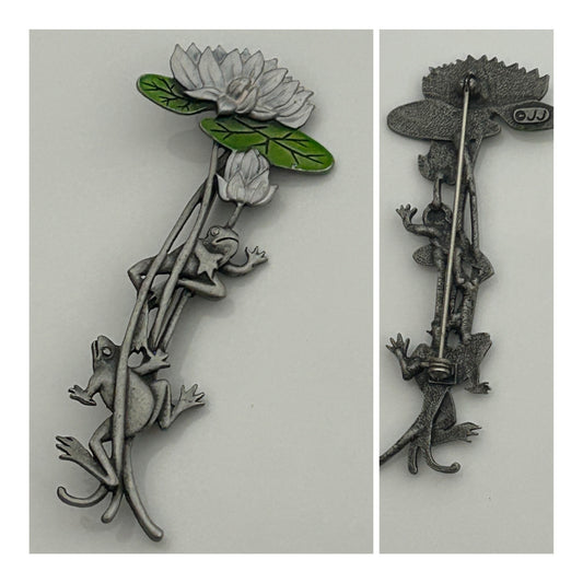 Vintage JJ (JONETTE) Collectable Exquisite Silver Tone Pewter & Green Enamel Frogs & Lily Pad Pin Brooch