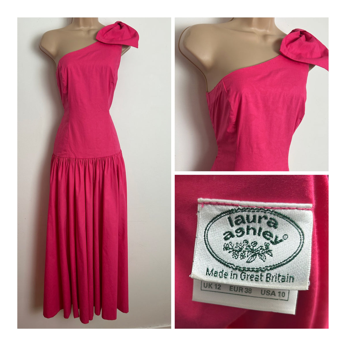 Vintage 1980s LAURA ASHLEY Size 8 (Size 12 On Label) Candy Pink One Shoulder Bow Detail Maxi Dress
