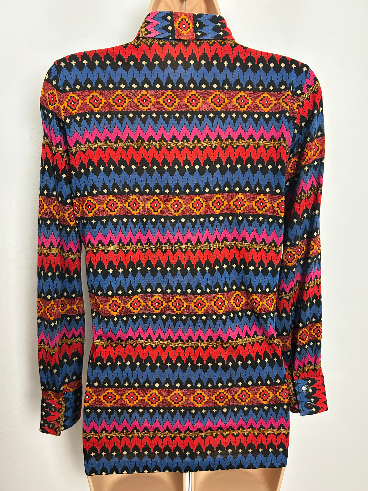 Vintage 1970s Size 8-10 Blue Red & Pink Abstract Print Long Sleeve Shirt