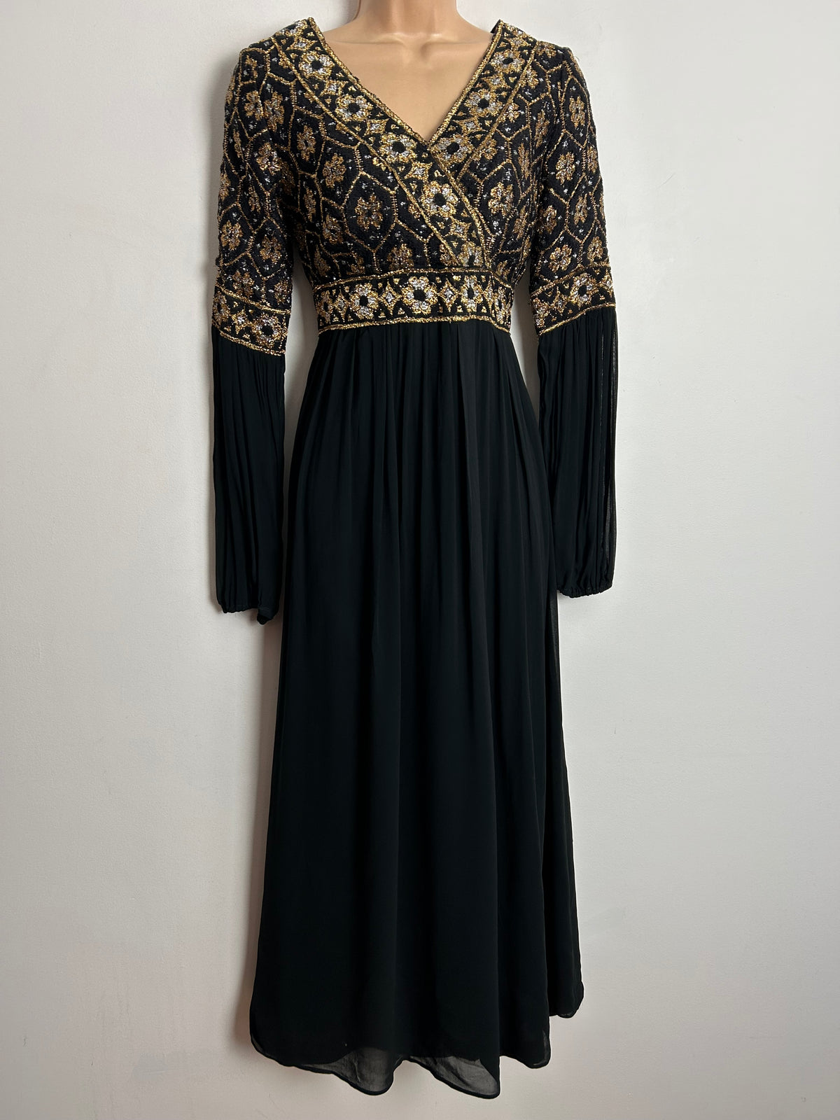 Vintage 1970s UK Size 10 Black Gold & Silver Brocade & Chiffon Crepe Occasion Evening Maxi Dress