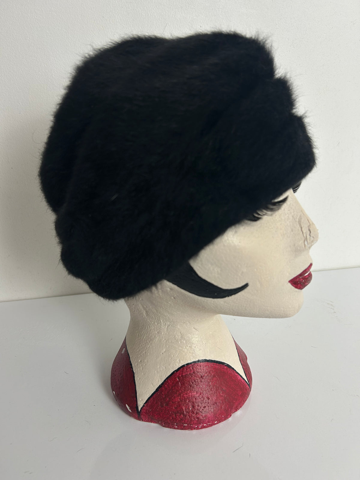 Vintage 1960s Black Angora Mix Turban Style Pill Box Hat
