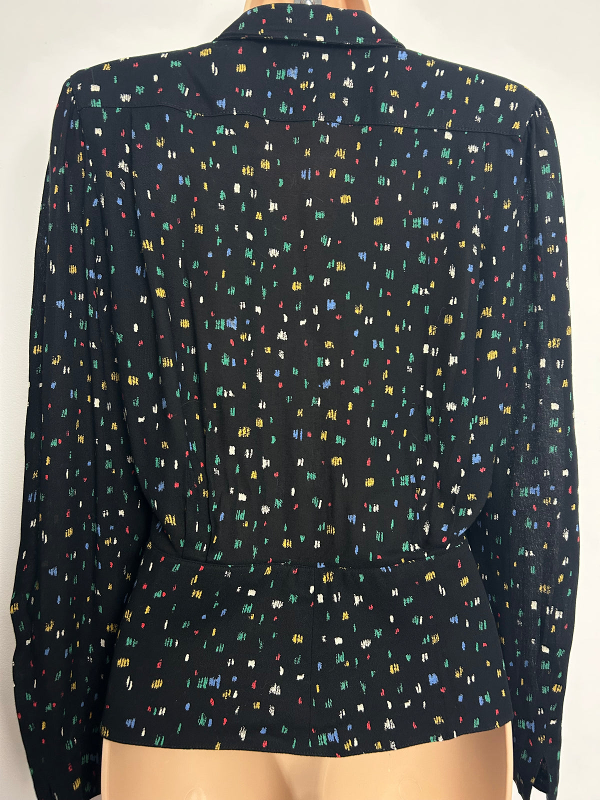 Vintage Late 1970s ELKONT Size 10 Black Multicolour Ditsy Print Long Sleeve Double Breasted Top