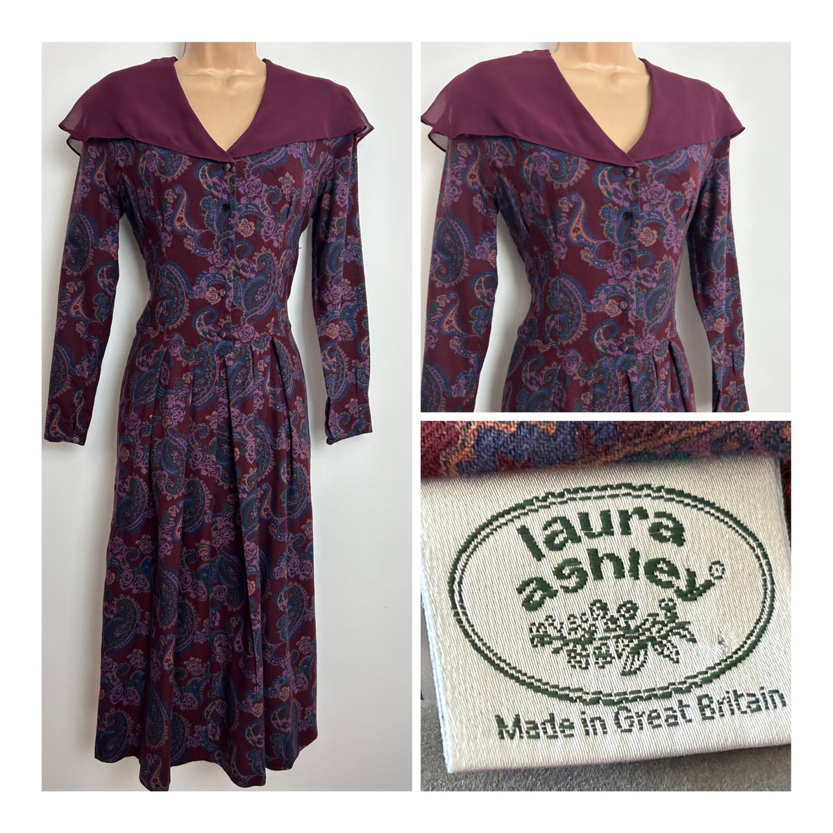 Vintage 1980s LAURA ASHLEY Size 8-10 Burgundy Paisley Wool Mix Chiffon Collared Midi Dress