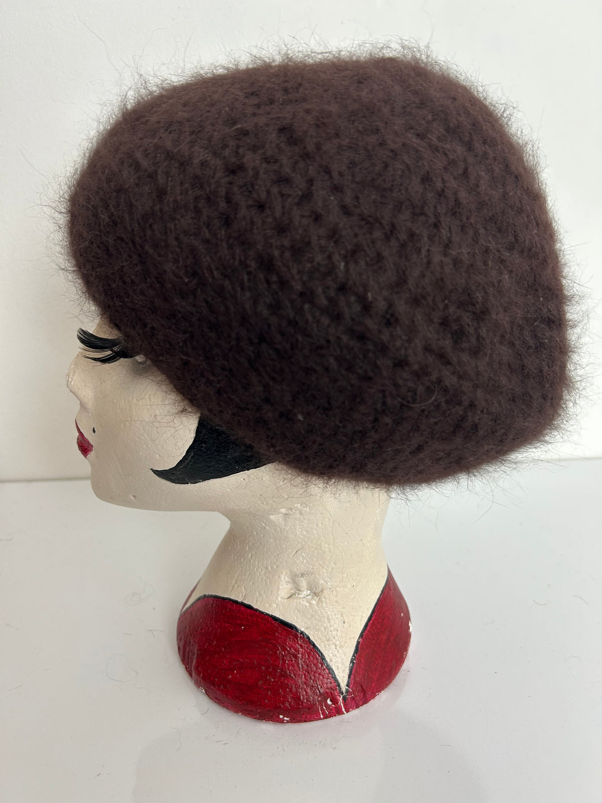 Vintage Handmade Dark Brown Angora & Wool Mix Semi Chunky Knit Beret/Beanie Style Hat