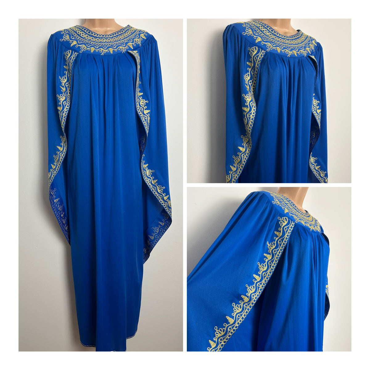 Vintage One Size Up To Size 16 Royal Blue & Gold Embroidered Caped Occasion Kaftan Maxi Dress