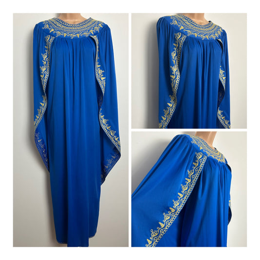 Vintage One Size Up To Size 16 Royal Blue & Gold Embroidered Caped Occasion Kaftan Maxi Dress