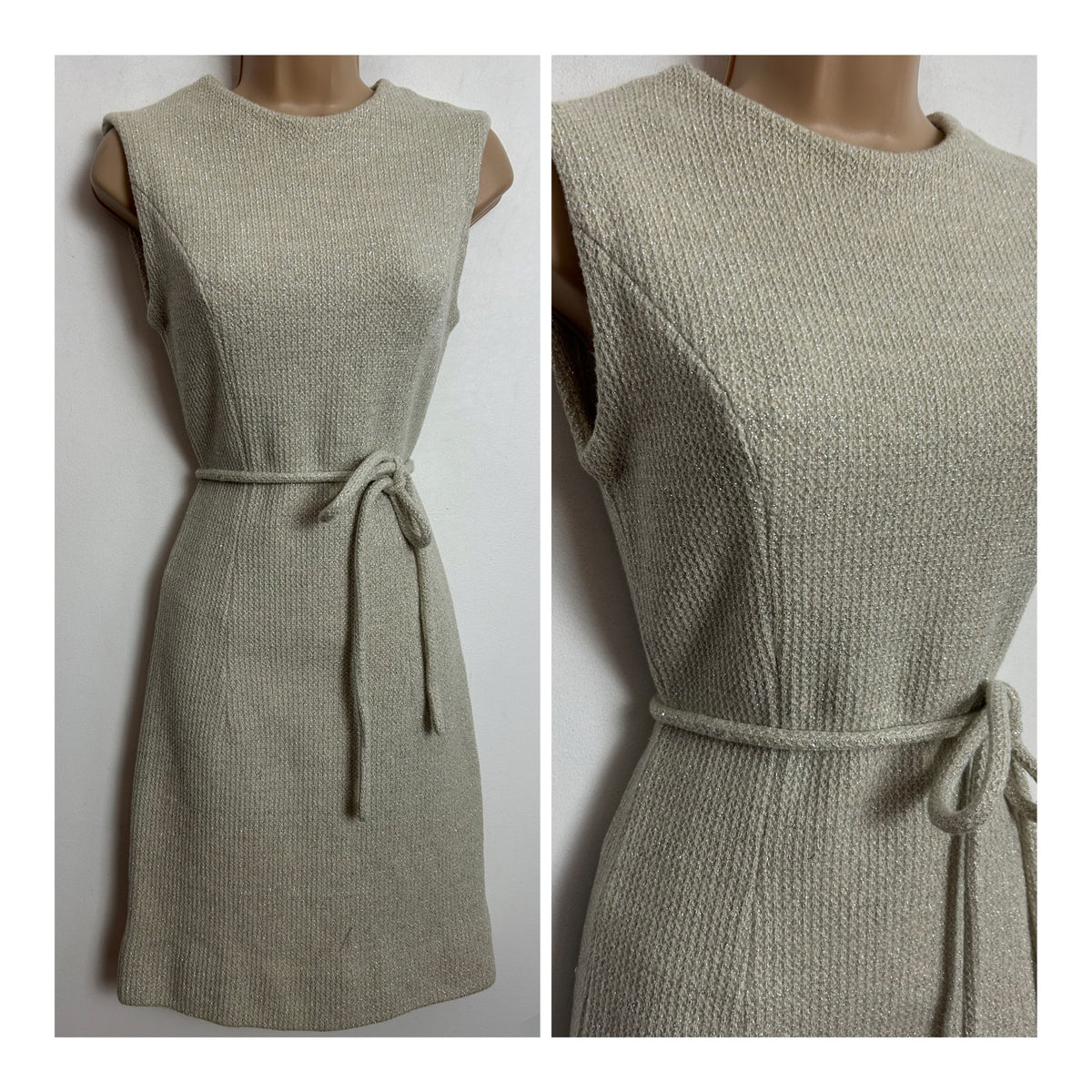 Vintage 1960s UK Size 6-8 Winter White & Silver Metallic Thread Belted Xmas Party Mod Dress