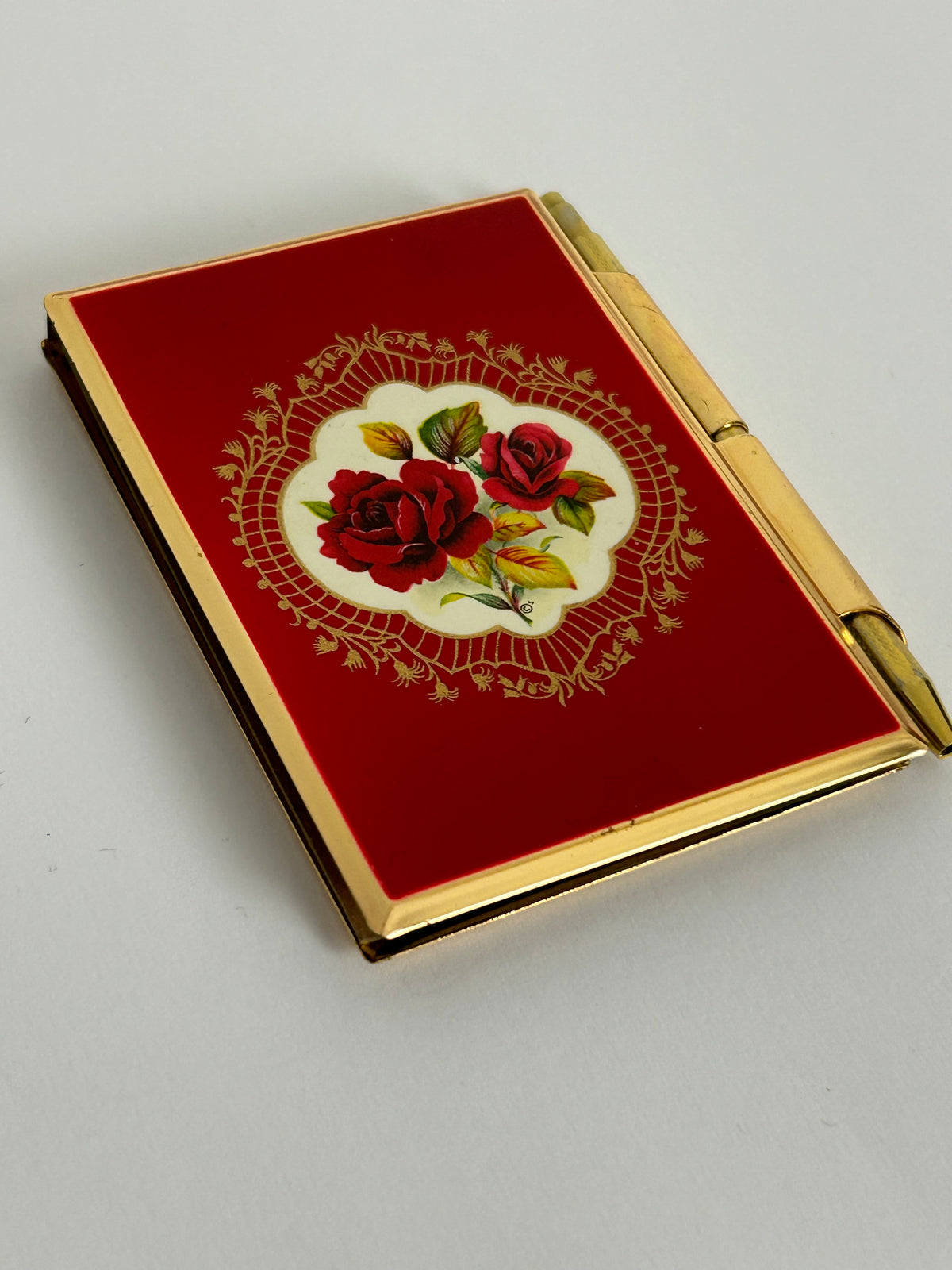 Vintage STRATTON Gold & Red Floral Rose Pocket Notepad Holder & Pen (Please Read)
