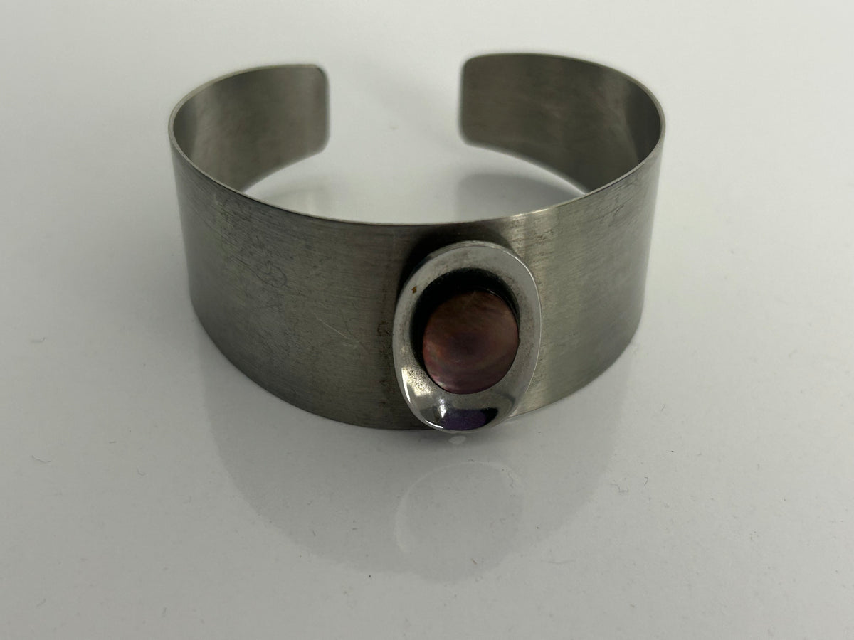Vintage 1970s Collectable Adeline Stainless Steel By Ralph Weston Shell Disc Set Bracelet