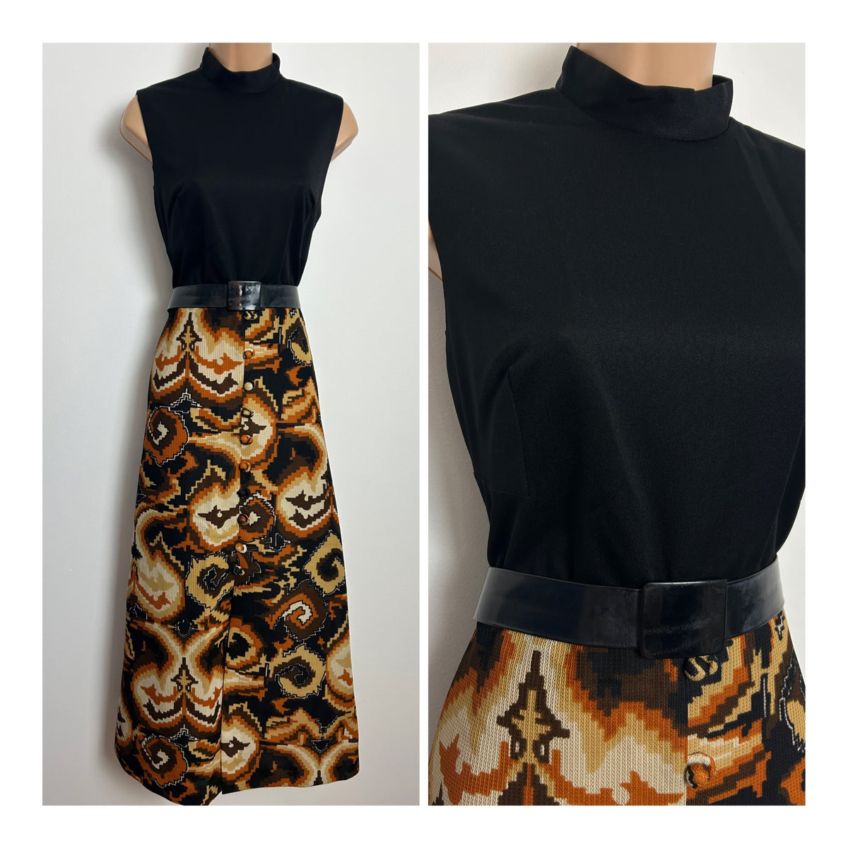 Vintage 1970s Size 8 Black Brown Beige & Rust Abstract Print Sleeveless Belted Maxi Dress