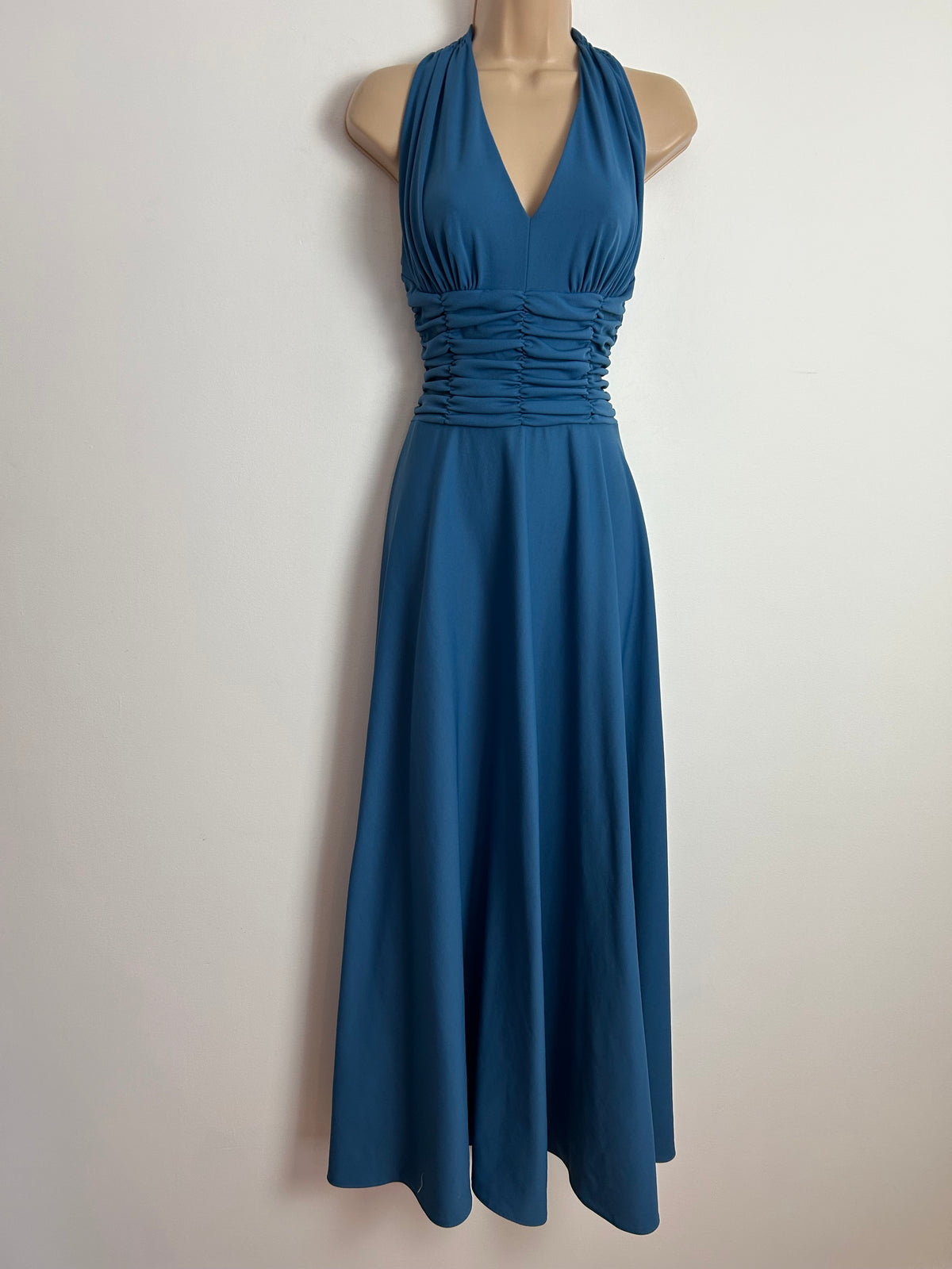 Vintage 1970s Size 6 Dark Dusky Blue Cage Back Ruched Waist Occasion Maxi Dress
