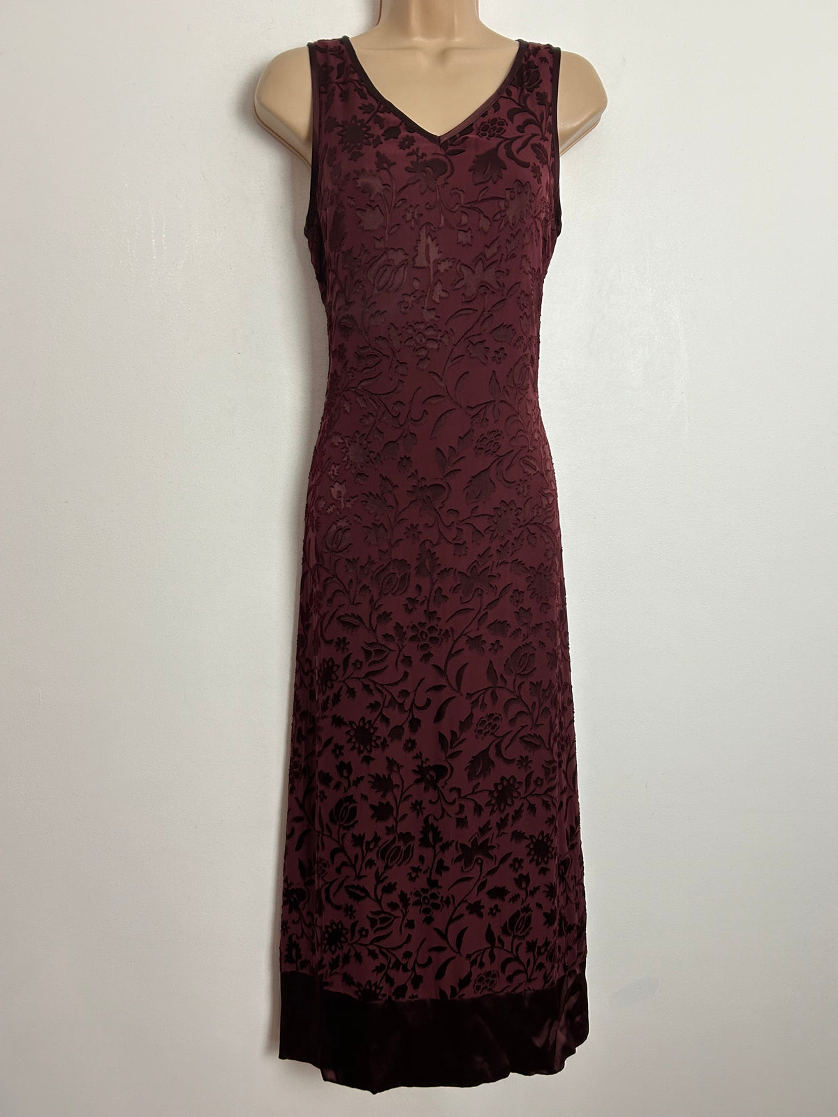 Vintage 1990s LAURA ASHLEY UK Size 10 (Size 12 On Label) Dark Claret Red Floral Damask Silk Mix Midi Occasion Dress
