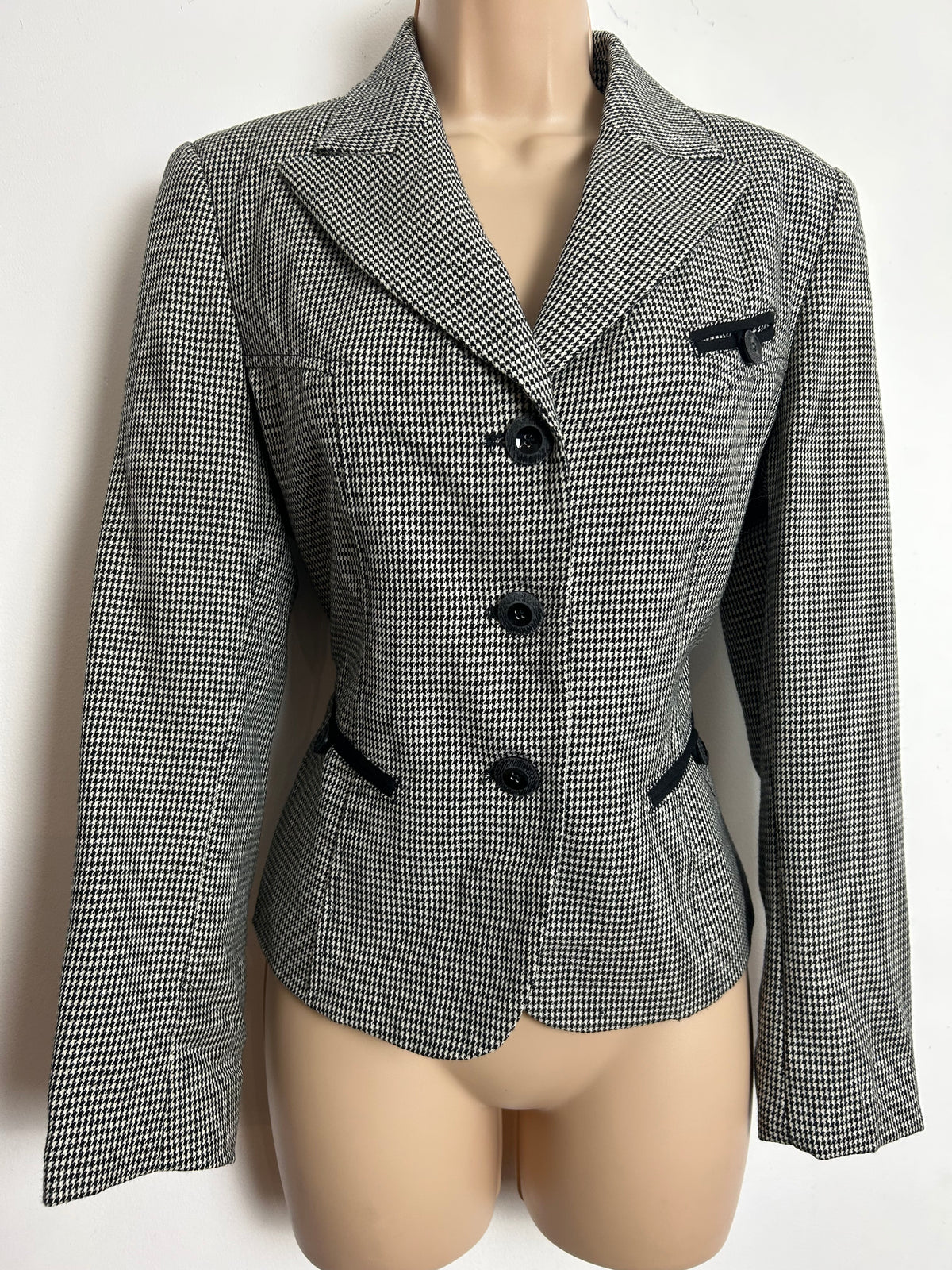 HARVE BENARD Size 10 Black & White Dogtooth Tweed Check 100% Wool Blazer Jacket